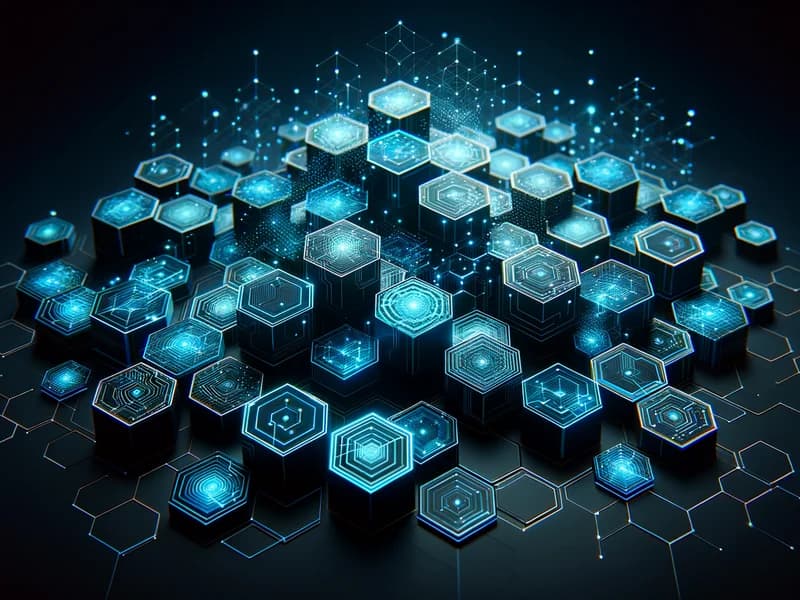 AI-verktyg och strategier representerade som sammankopplade hexagonala moduler med blått ljussken