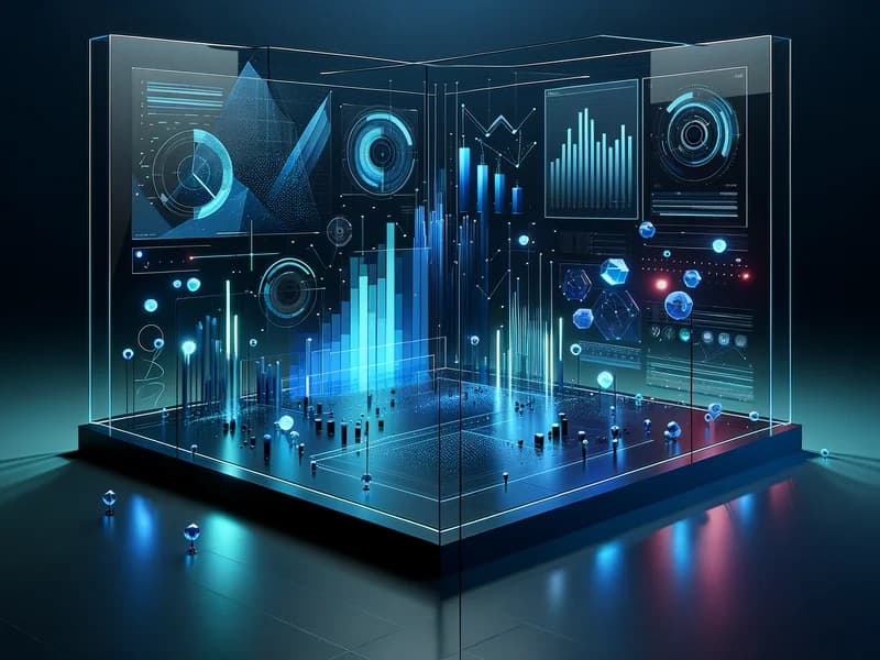 Holografisk AI-dashboard med datavisualisering i blått och cyan mot mörk bakgrund